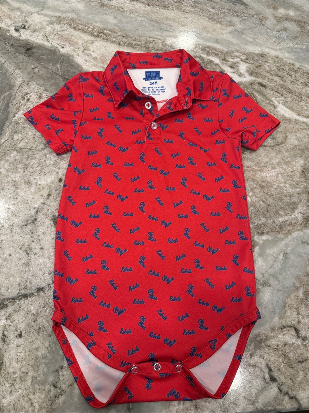 Red OLE Miss Polo Bodysuit with Navy Script